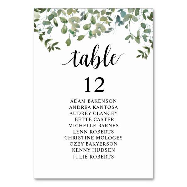 Wedding Dinner, Guests Seating Chart, Greenery Table Number