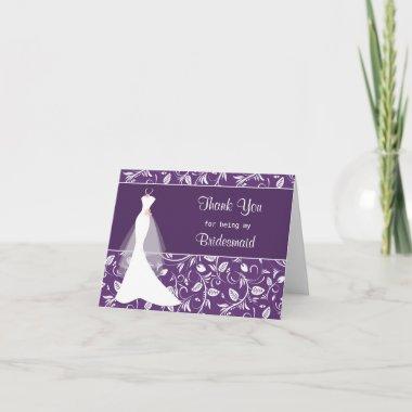 Wedding dress, damask on purple Thank you Invitations