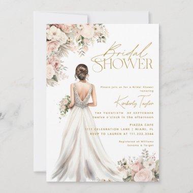 Wedding Dress Gown Brunette Floral Bridal Shower Invitations