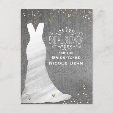 Wedding Dress Modern Glam & Heart Confetti Bridal Invitation PostInvitations