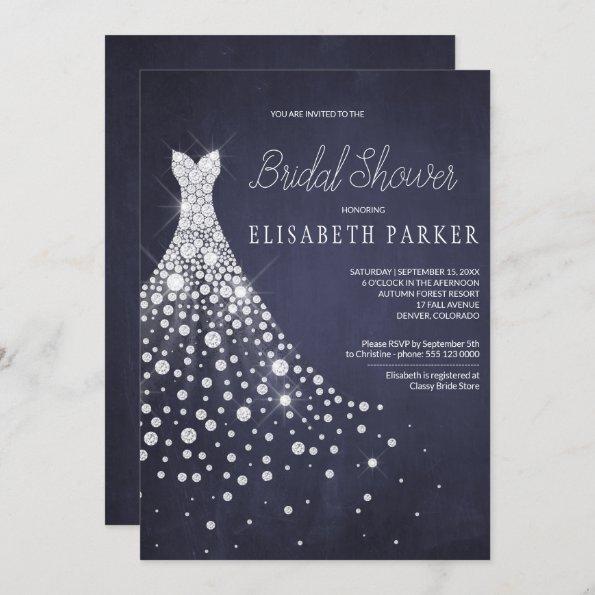 Wedding Dress Navy Blue Chalkboard Bridal Shower Invitations