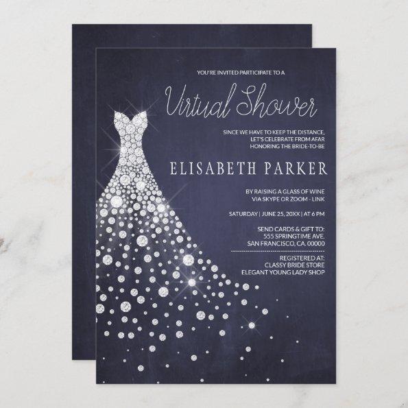 Wedding Dress Navy Blue Chalkboard Virtual Shower Invitations