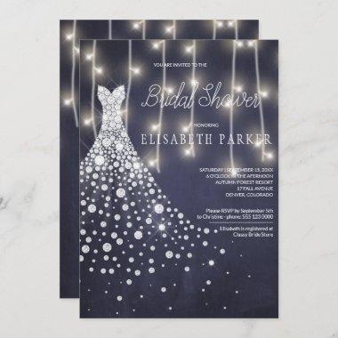Wedding Dress Navy Chalkboard Winter Bridal Shower Invitations