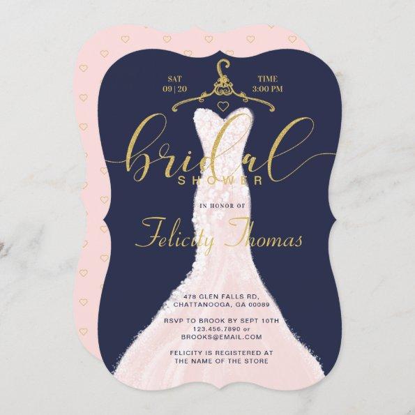 Wedding Dress Navy Gold Bridal Shower Invitations