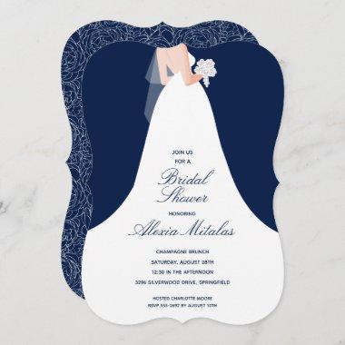 Wedding Dress on Navy Bridal Shower Invitations