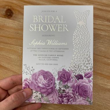 Wedding Dress Purple Lavender Floral Bridal Shower Foil Invitations