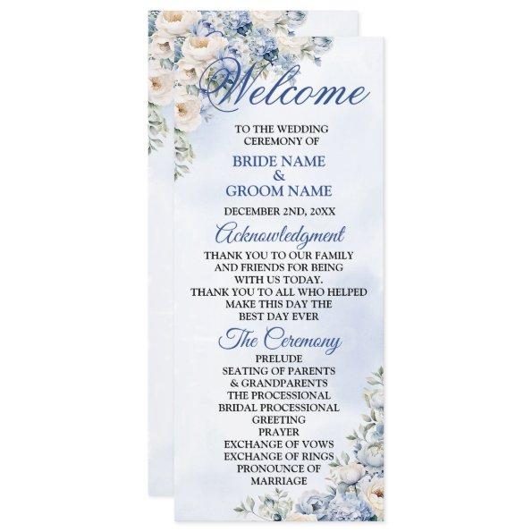 Wedding Dusty Blue Watercolor Ivory Flowers Leaves Program
