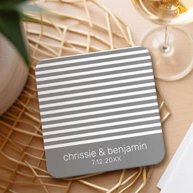 Wedding Favor Bride Groom Date Stripes Gray White Square Paper Coaster
