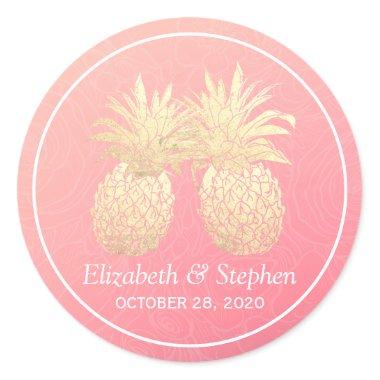 Wedding Favor Vintage Gold Foil Pineapple Couple Classic Round Sticker