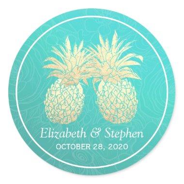 Wedding Favor Vintage Gold Foil Pineapple Couple Classic Round Sticker
