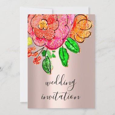 Wedding Floral Watercolor Rose Gold Glitter Invitations