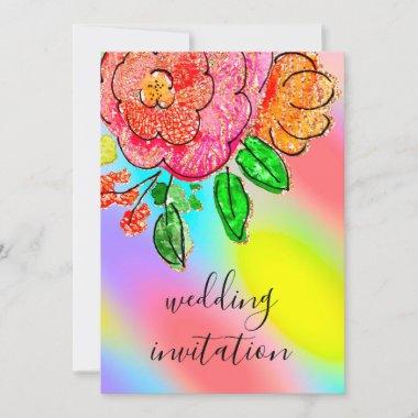 Wedding Floral Watercolor Rose Holograph Rainbow Invitations