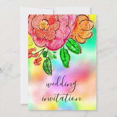 Wedding Floral Watercolor Rose Holographic Glitter Invitations