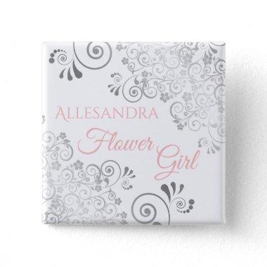Wedding Flower Girl Name Tag Pink & Gray Frills Button