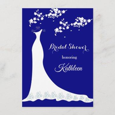Wedding gown, blossom on navy blue, Bridal Shower Invitations