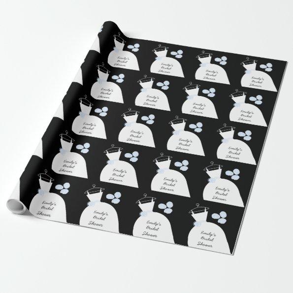 Wedding Gown Blue 'Bridal Shower' black Wrapping Paper