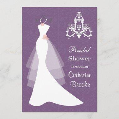 Wedding gown, Chandelier on purple Bridal shower Invitations
