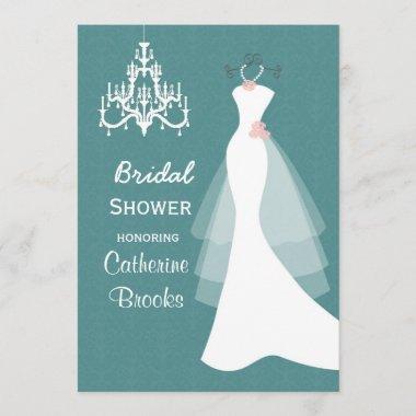 Wedding gown, Chandelier on teal Bridal shower Invitations