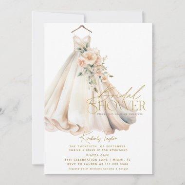 Wedding Gown Dress Pink Floral Bridal Shower Invitations