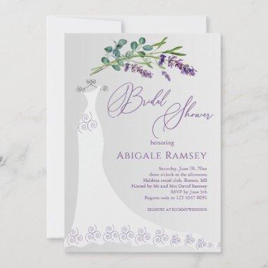 Wedding Gown Lavender Eucalyptus Bridal Shower Invitations