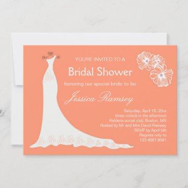 Wedding gown on coral color Bridal Shower Invitations