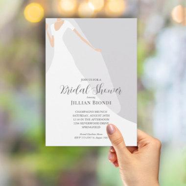 Wedding Gown on Gray Bridal Shower Invitations