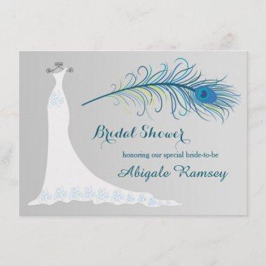 Wedding gown, peacock feather Bridal Shower Invite