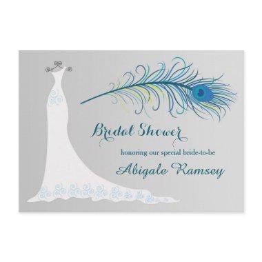 Wedding gown, peacock feather Bridal Shower Invite