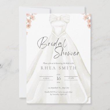 Wedding Gown Pink Floral Bridal Shower Invitations