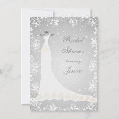 Wedding gown, snowflakes on gray Bridal Shower Invitations
