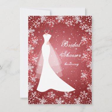 Wedding gown, snowflakes on red Bridal Shower Invitations