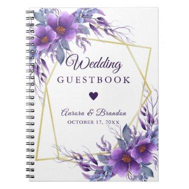 Wedding Guest Purple Floral Gold Geometric Frame Notebook