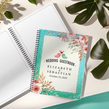 Wedding Guestbook Modern Pink Floral Teal Gold Dot Notebook