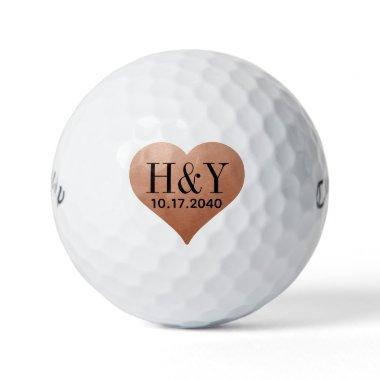 Wedding Initial Monogram Date Copper Heart Golf Balls
