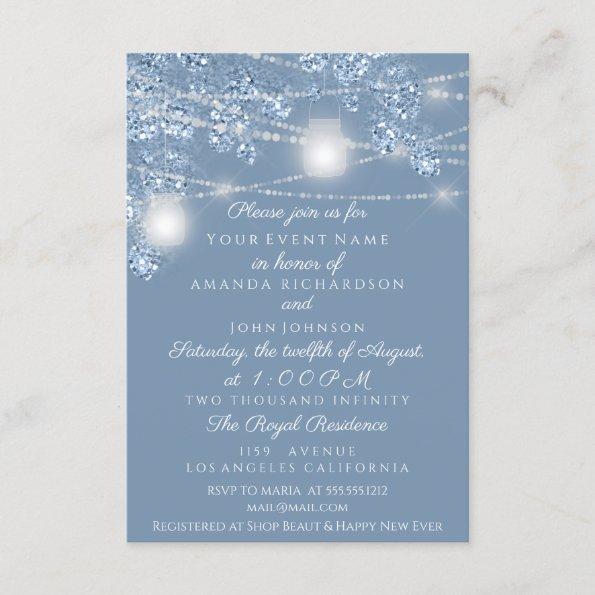 Wedding Lights Jars Rustic Glitter Dusty Blue Invitations