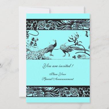 WEDDING LOVE BIRDS ,black and white blue Invitations