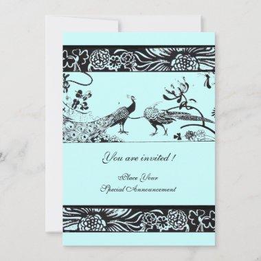 WEDDING LOVE BIRDS ,black and white blue Invitations