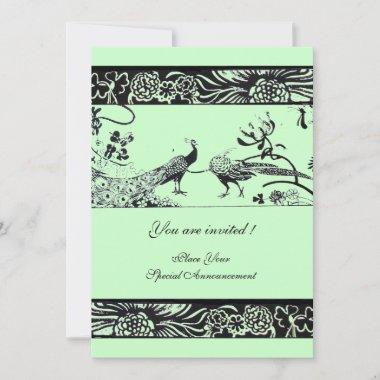 WEDDING LOVE BIRDS ,black and white green Invitations