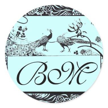 WEDDING LOVE BIRDS MONOGRAM ,black and white blue Classic Round Sticker