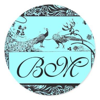 WEDDING LOVE BIRDS MONOGRAM ,black and white blue Classic Round Sticker