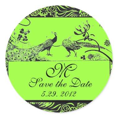 WEDDING LOVE BIRDS MONOGRAM black and white green Classic Round Sticker