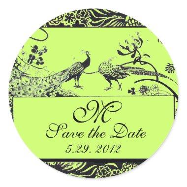 WEDDING LOVE BIRDS MONOGRAM black and white green Classic Round Sticker