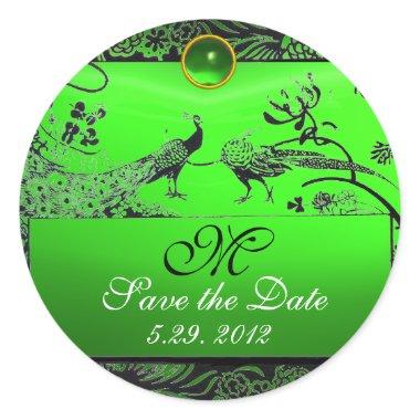 WEDDING LOVE BIRDS MONOGRAM black and white green Classic Round Sticker