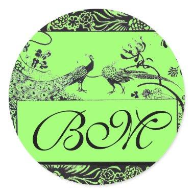 WEDDING LOVE BIRDS MONOGRAM ,black and white green Classic Round Sticker