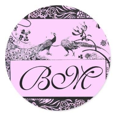 WEDDING LOVE BIRDS MONOGRAM ,black and white pink Classic Round Sticker