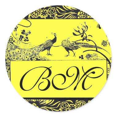 WEDDING LOVE BIRDS MONOGRAM black and white yellow Classic Round Sticker