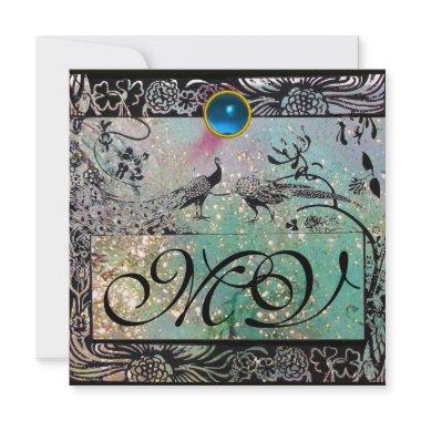 WEDDING LOVE BIRDS MONOGRAM Black Blue Peacocks Announcement