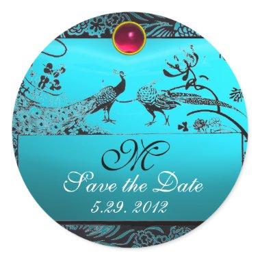 WEDDING LOVE BIRDS MONOGRAM black white red blue Classic Round Sticker