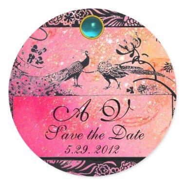 WEDDING LOVE BIRDS MONOGRAM black white red pink Classic Round Sticker