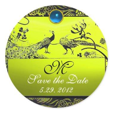 WEDDING LOVE BIRDS MONOGRAM black white yellow Classic Round Sticker